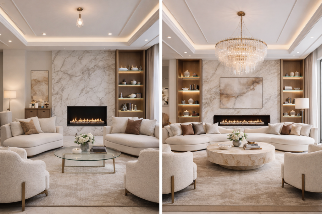 Elegant living room comparison showing interior design principles in action