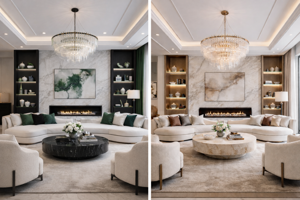 Elegant living room comparison showing choosing the right color palette for your home