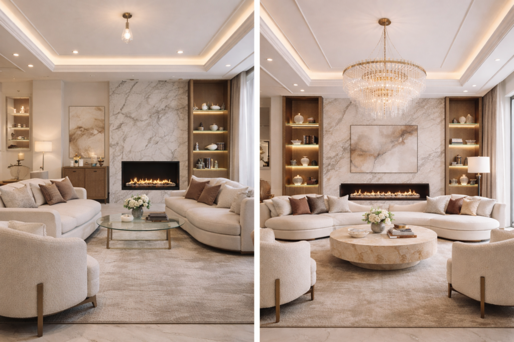 Elegant living room comparison showing the importance of furniture layout and space planning