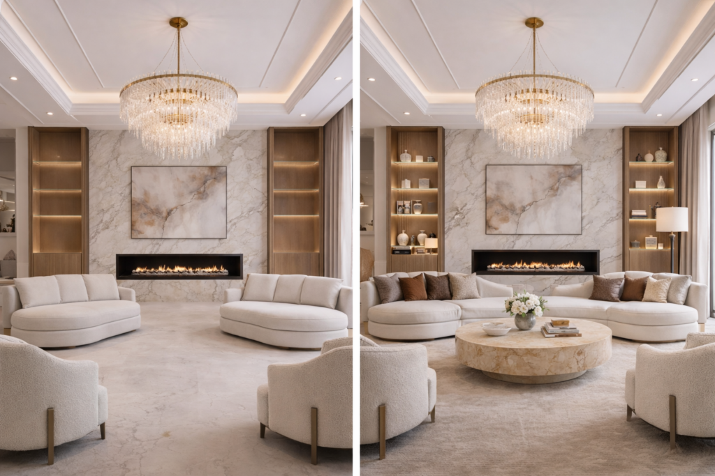 Elegant living room comparison showing the importance of texture and materials