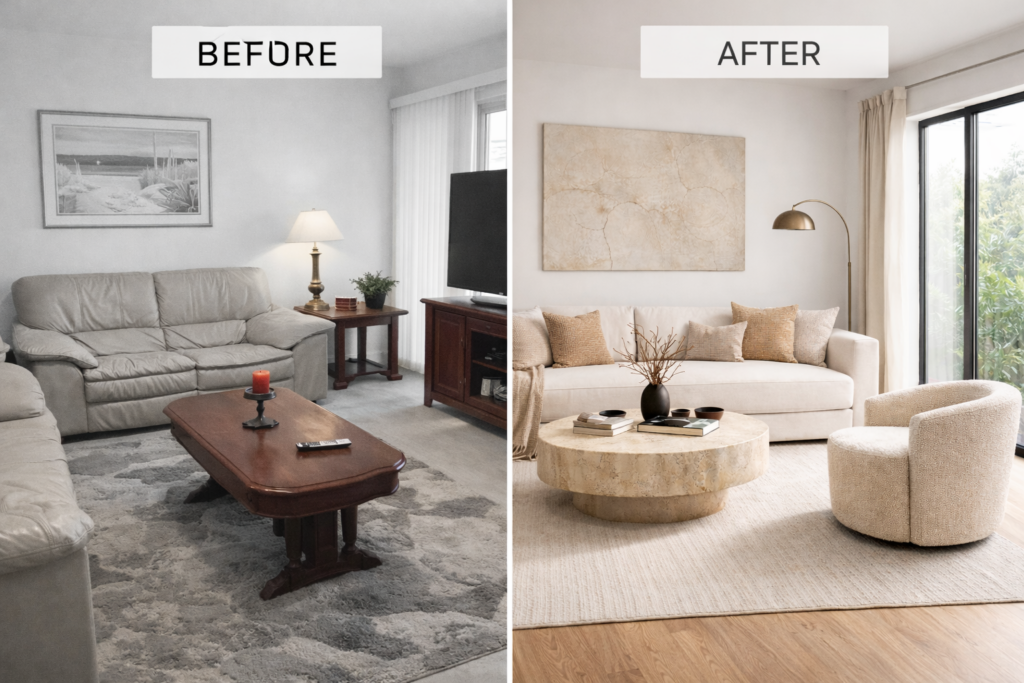 Interior Design Trends Out of Style (How to Replace Them): before and after photo of a living room.
