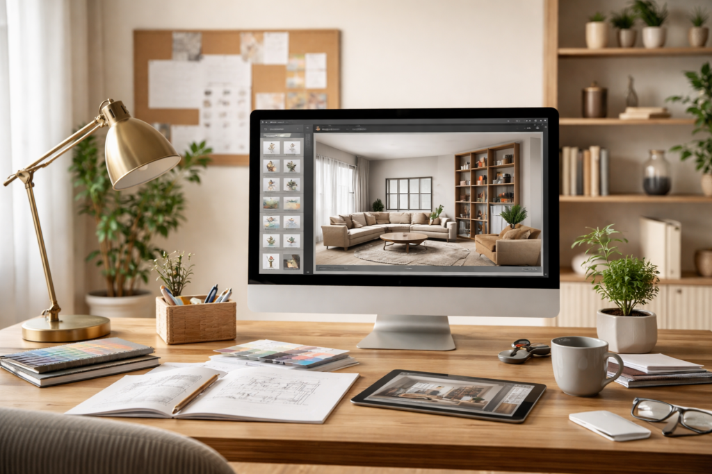 How to Use AI-Assisted Interior Design as a Homeowner: image of a home office desk.