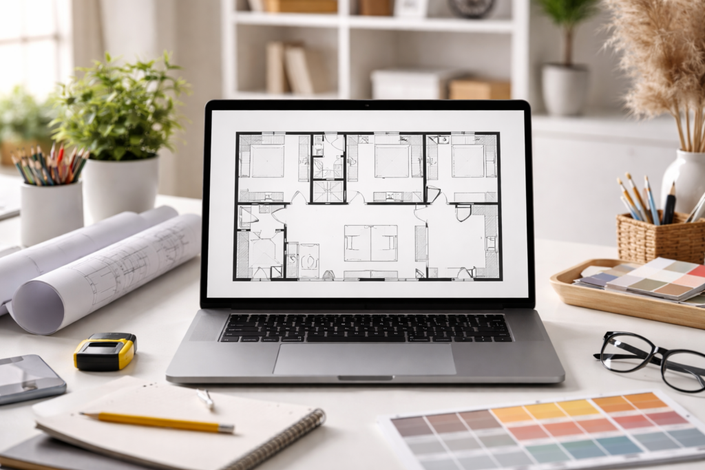 An interior designer office revealing a design floor plan.