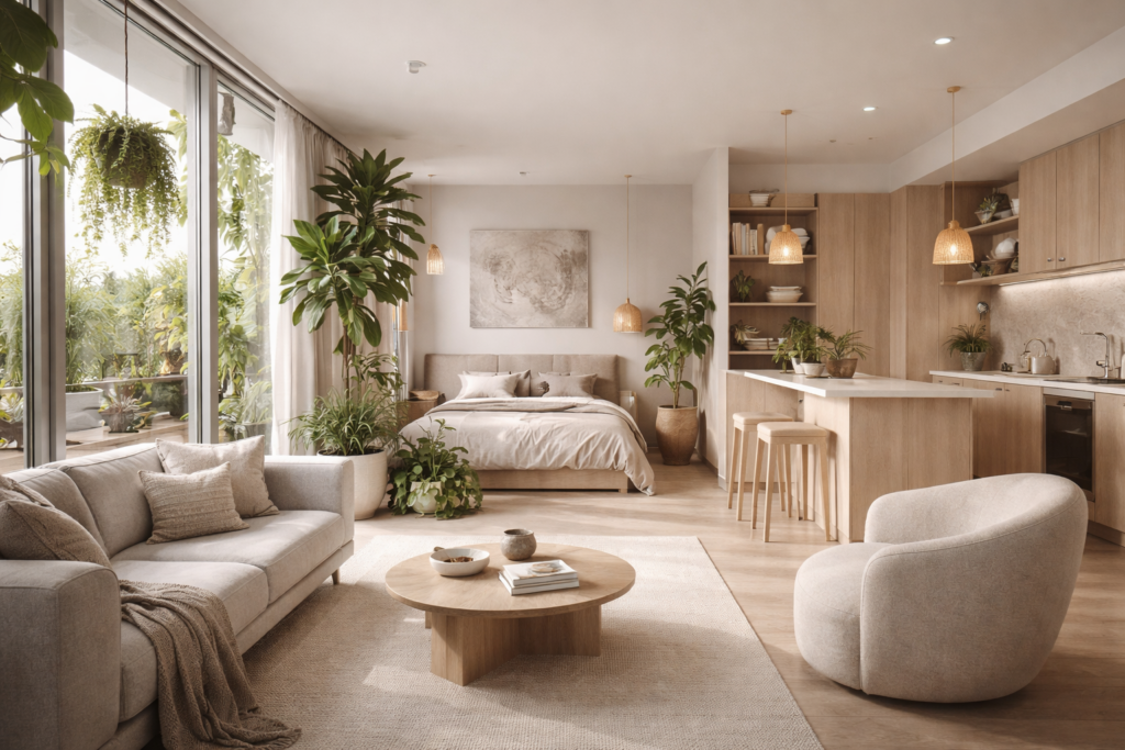 Interior design trends showing a biophilic studio apartment.