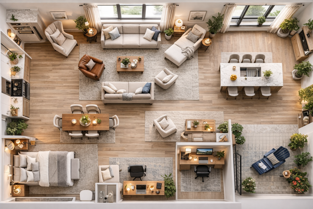 Spacious studio apartment with cozy corners featuring home chair types